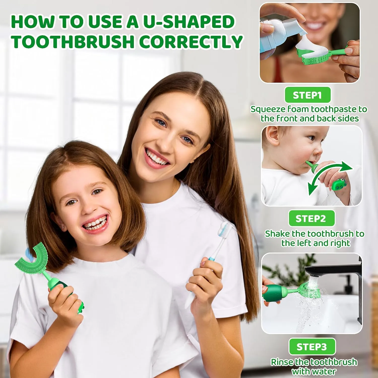 U-Shaped Toothbrush for Kids Ages 2-7 Soft Food-Grade Silicone for Sensitive Gums 360 Teeth Cleaning DesignTraining & Travel-Friendly Toddlers' Toothbrush (Green)