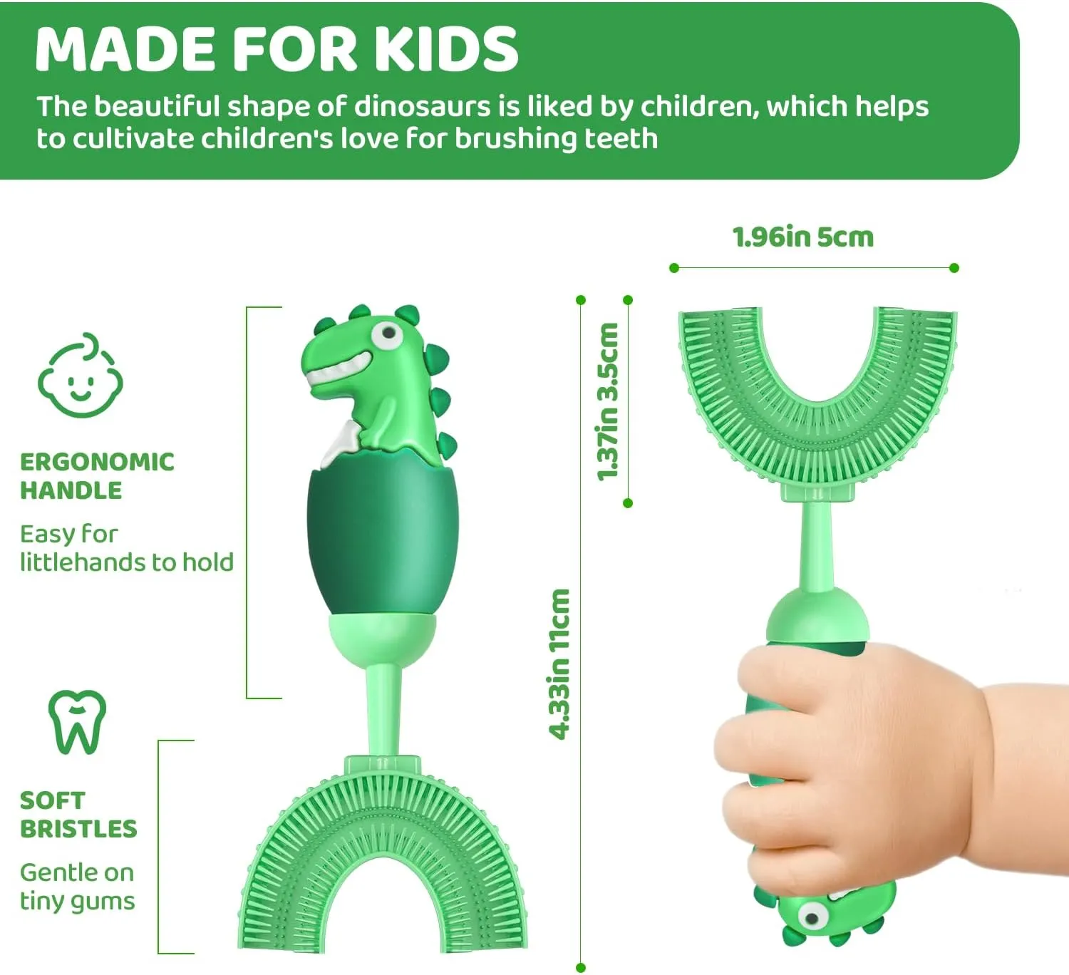 U-Shaped Toothbrush for Kids Ages 2-7 Soft Food-Grade Silicone for Sensitive Gums 360 Teeth Cleaning DesignTraining & Travel-Friendly Toddlers' Toothbrush (Green)
