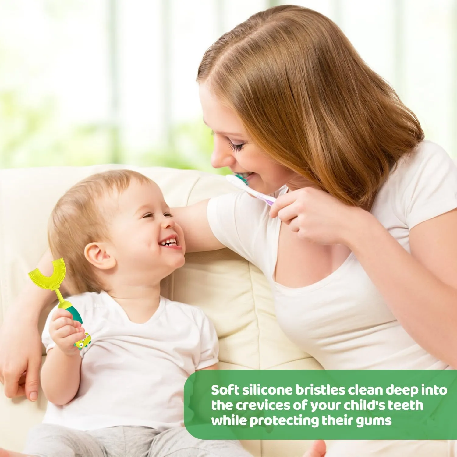 U-Shaped Toothbrush for Kids Ages 2-7 Soft Food-Grade Silicone for Sensitive Gums 360 Teeth Cleaning DesignTraining & Travel-Friendly Toddlers' Toothbrush (Green)