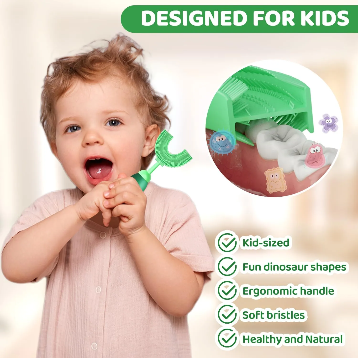 U-Shaped Toothbrush for Kids Ages 2-7 Soft Food-Grade Silicone for Sensitive Gums 360 Teeth Cleaning DesignTraining & Travel-Friendly Toddlers' Toothbrush (Green)