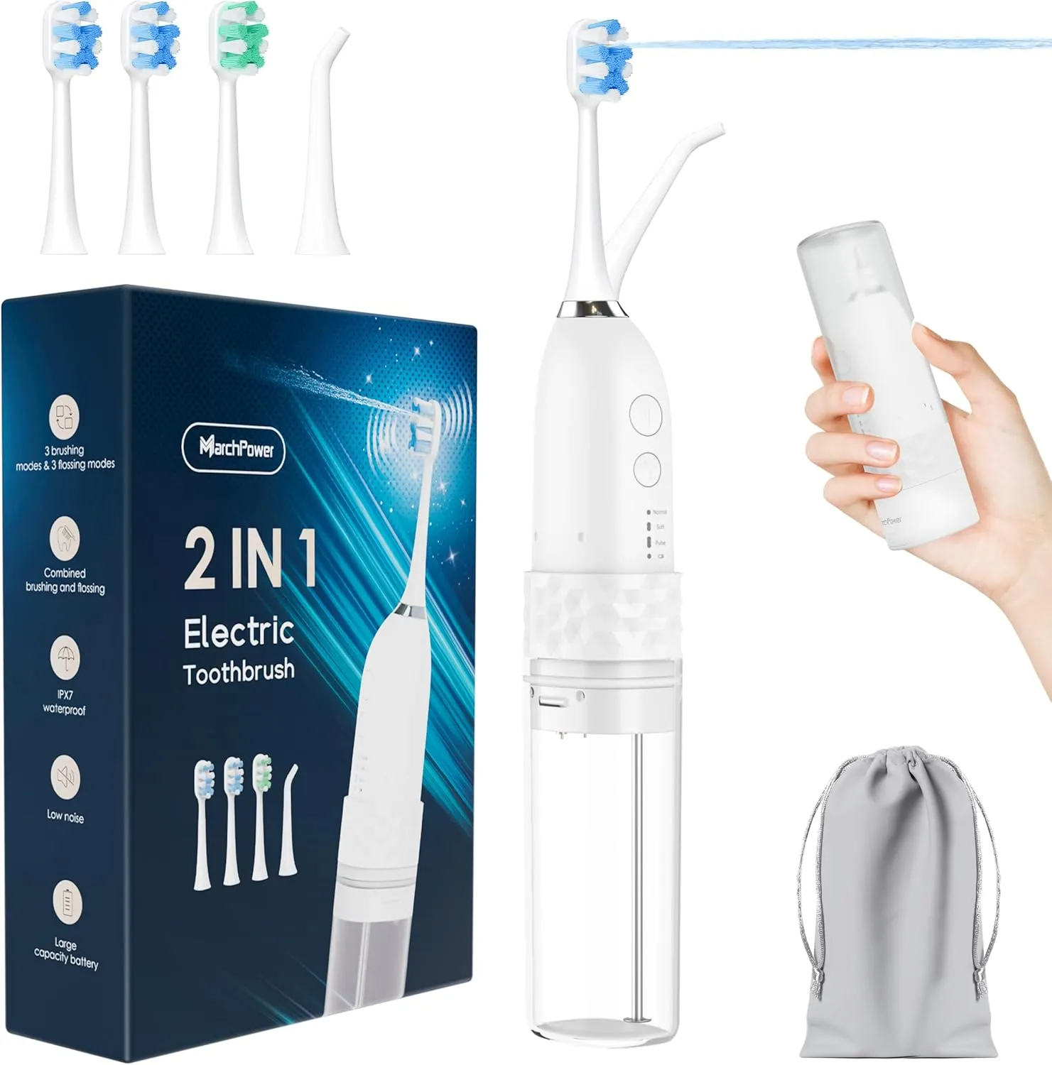 Upgraded 2-in-1 Electric Toothbrush with Water Flosser 2.0  Ultrasonic Brushing with Built-in Water Outlet, 3 4 Modes with Point-Jet, Portable Oral Irrigator, IPX7 Waterproof, for Travel & Home