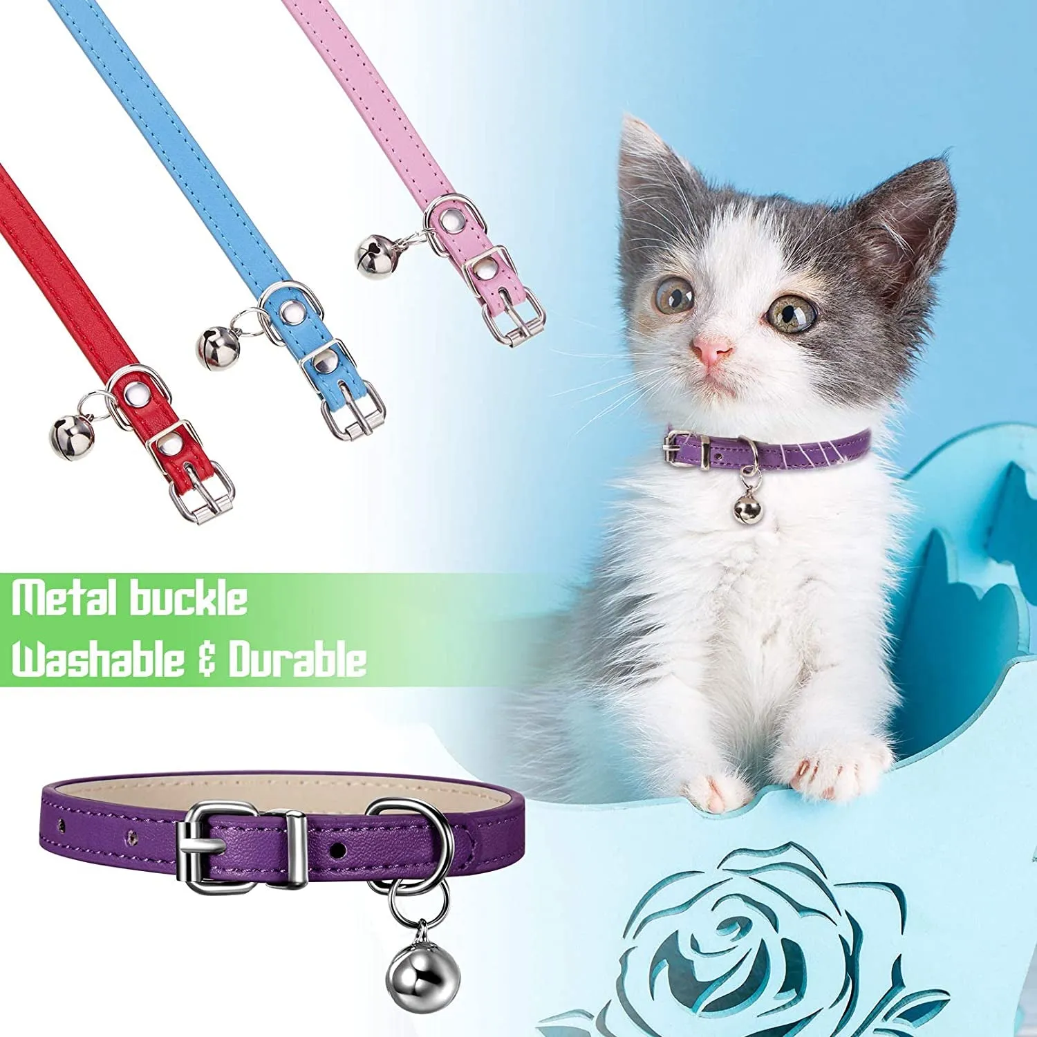 Weewooday 6 Pieces Leather Cat Collar with Bell Leather Kitten Collar Cat Collar for Boy Cats, Girl Cats with Safety Elastic Strap Cute Pet Collars for Small Cat Kitten Puppy(Bright Color)