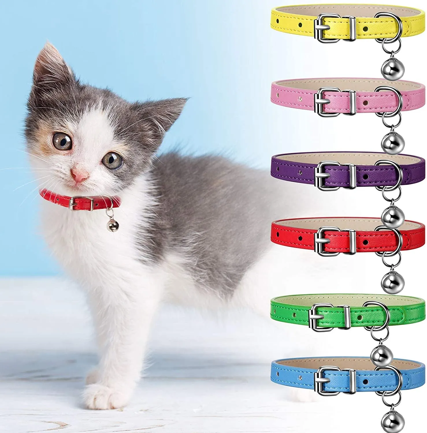 Weewooday 6 Pieces Leather Cat Collar with Bell Leather Kitten Collar Cat Collar for Boy Cats, Girl Cats with Safety Elastic Strap Cute Pet Collars for Small Cat Kitten Puppy(Bright Color)