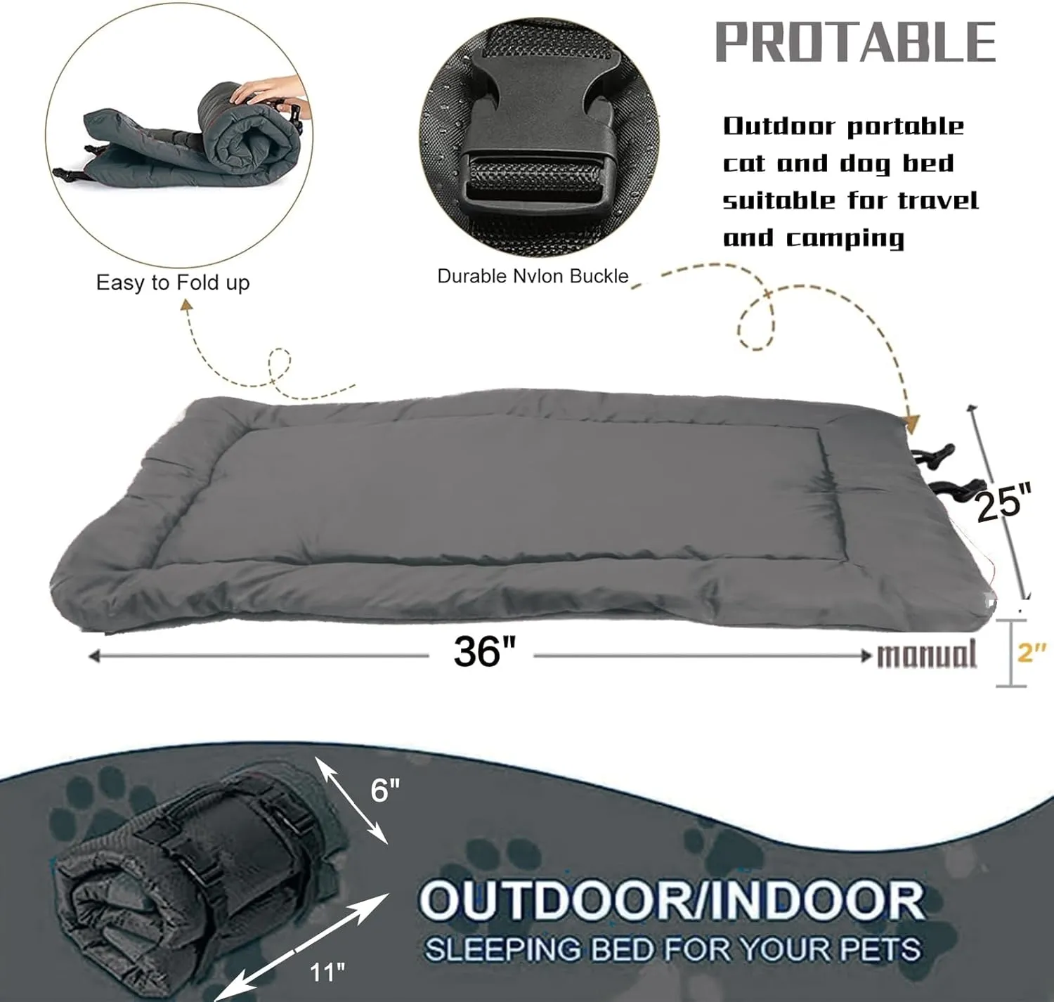 YOFANG Outdoor Travel Dog Bed,Portable Crate Mat Waterproof Anti-Slip, Kennel Pad Washable,Pet Camping Beds Ripstop 1600D Nylon Fabric,Easy to Clean for for Large Medium Dogs or Cats,36"x25" Grey